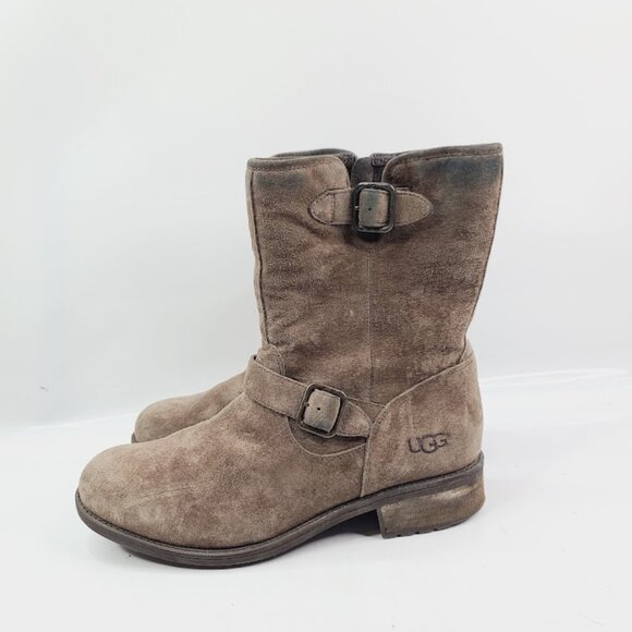 UGG Women's Tan Chaney Sheepskin Fur Dual Strap Winter Ankle Moto Boot Size 9.5 - Picture 2 of 7